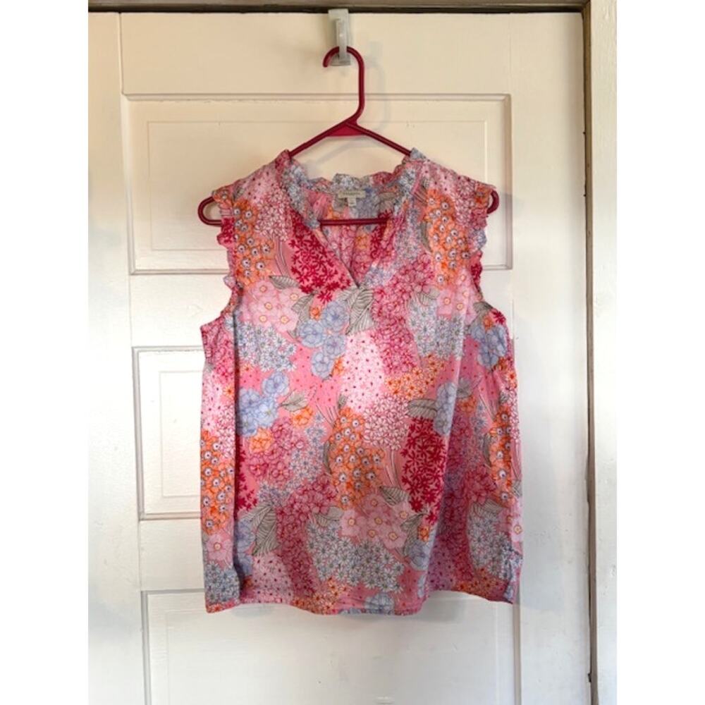 Talbots Size Large Petite Sleeveless Pink and‎ Blue Floral Top 100% Cotton